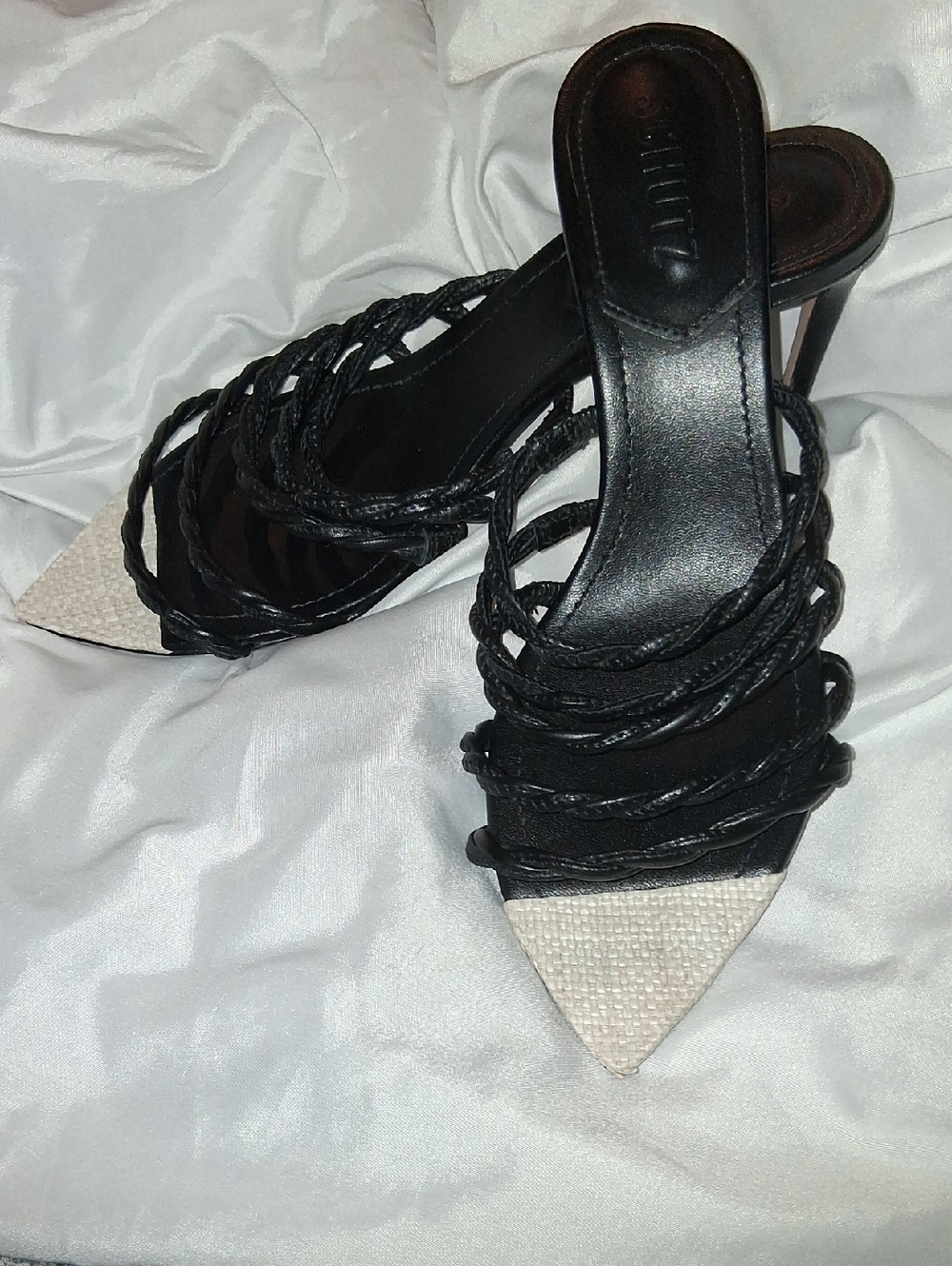 SCHUTZ Black Braided Strap Heeled Mules with White Pointed Toe